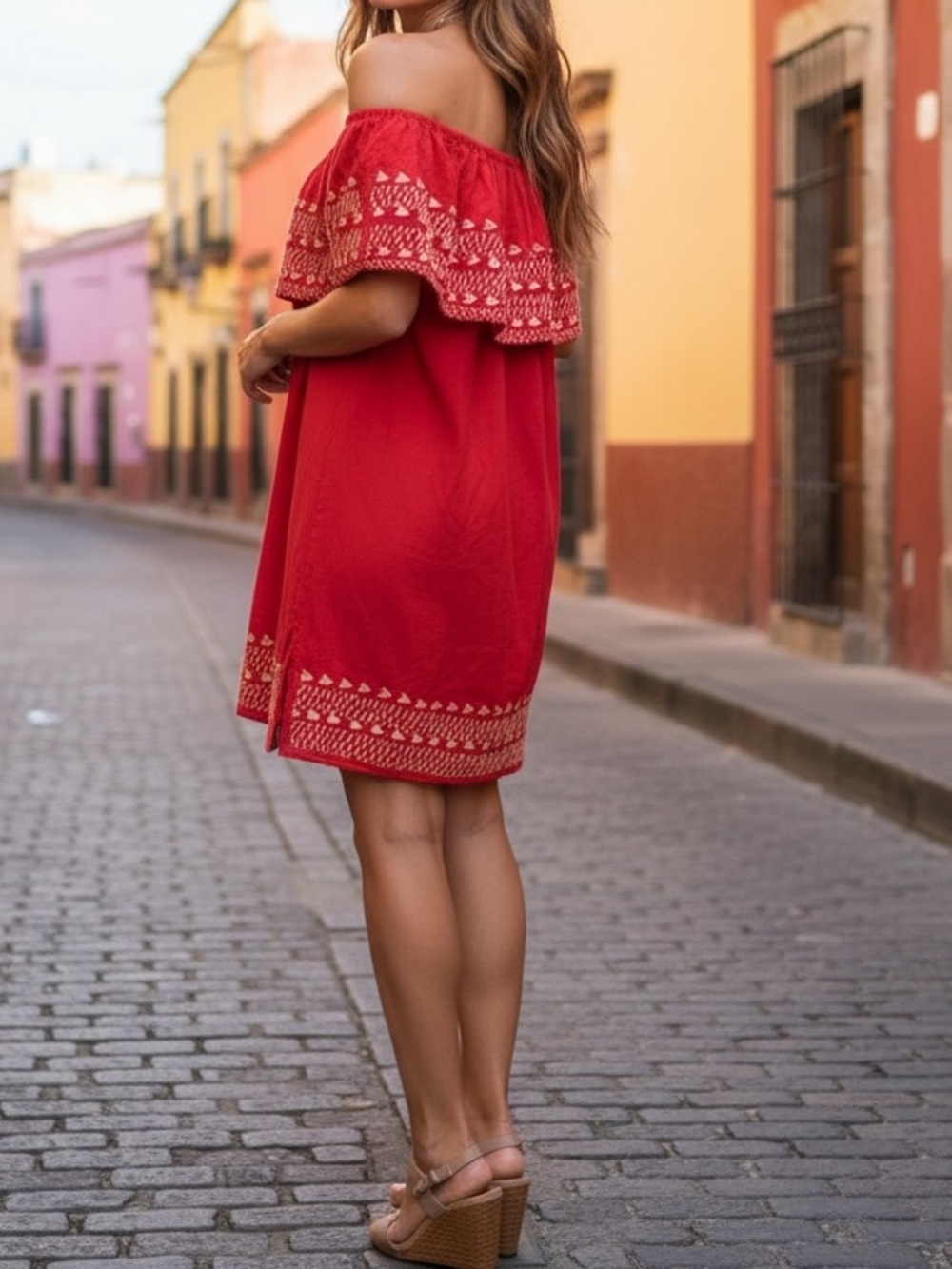 Women’s Red Off-Shoulder Embroidered Mini Dress - Picture 2 of 7